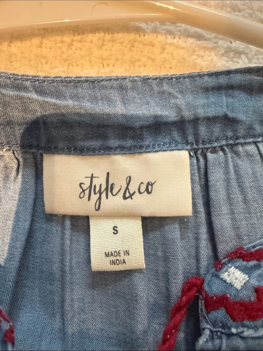 Style & Co. Blue Embroidered Peasant Blouse with Red Trim - Picture 5 of 6